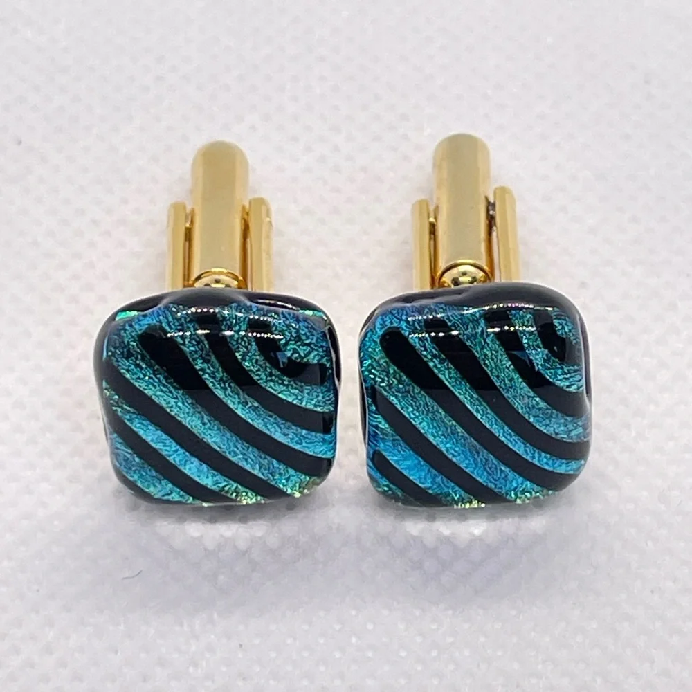 Cufflinks! Beautiful blue & green glass with black stripe design; Great gift!